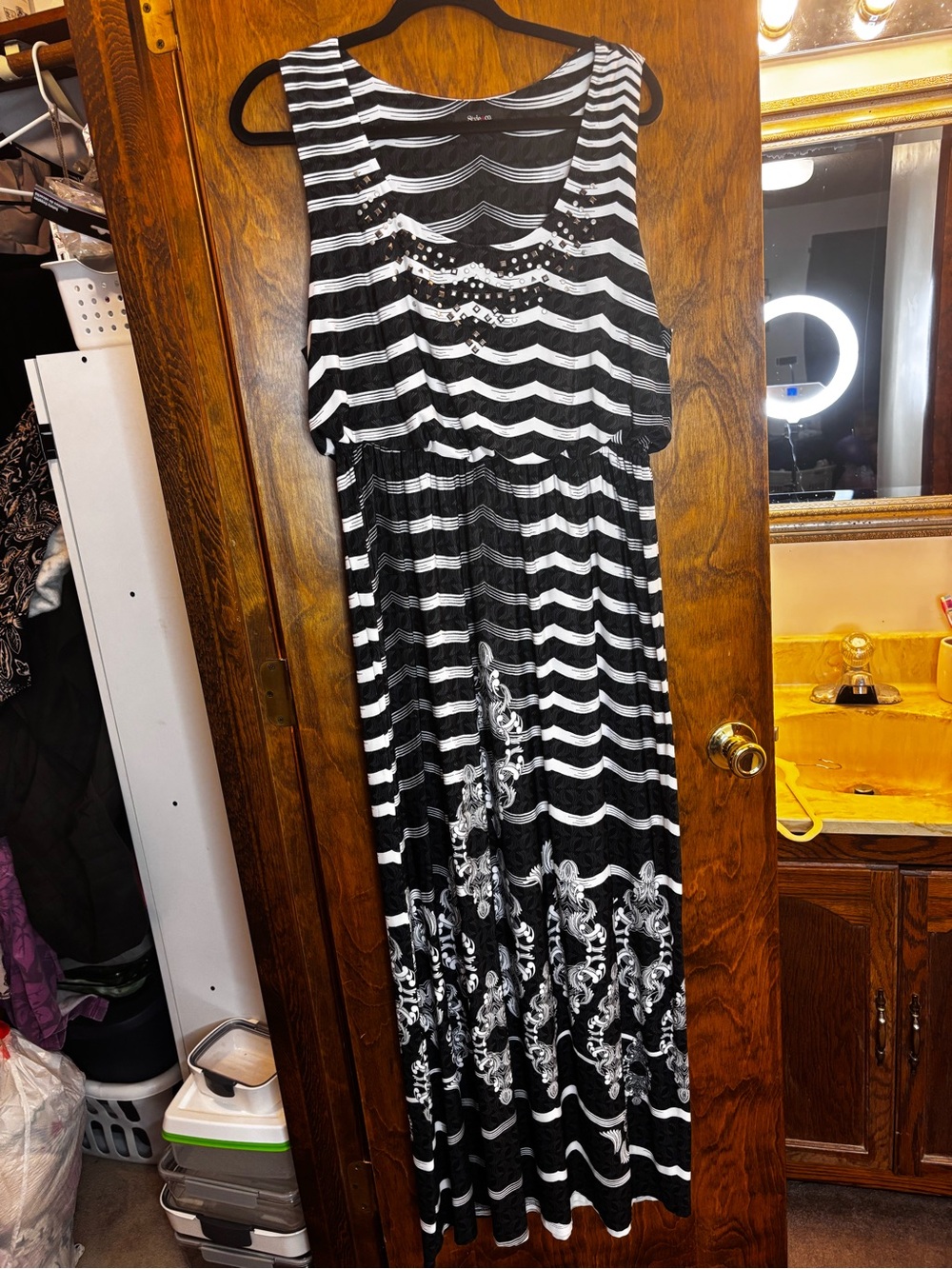 Style & Co. Dark Grey and White Striped Sleeveless Maxi Dress with Floral Hem